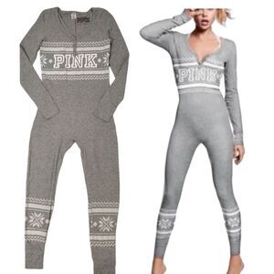 PINK VS 2016 Grey Fair Isle Winter Thermal Long Sleeve Onesie PJs Medium